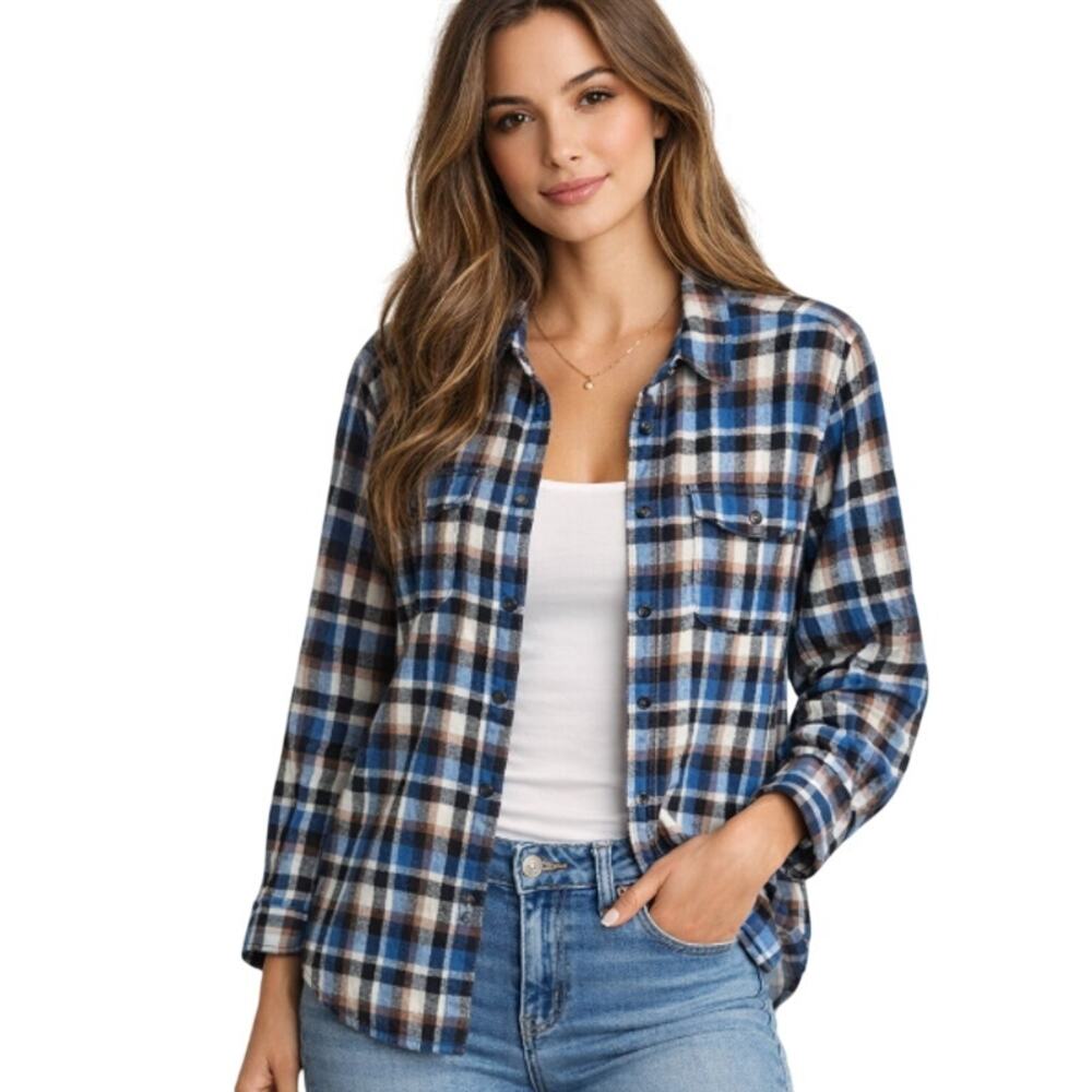 Denim & Flower Women's Blue Plaid Flannel M Layering Piece Granola Girl Gorpcore